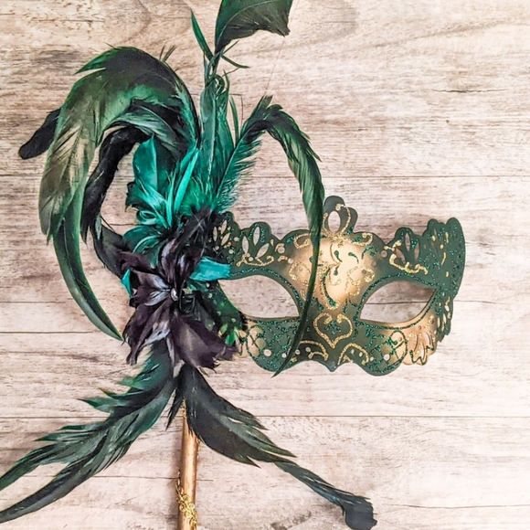 Svetlana Accessories - Venetian Cat Eye Ladies Masquerade Ball Mask on a Stick in Dark Emerald Green
